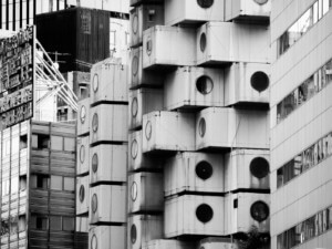 black and white photo of a famous work of japanese metabolic architecture