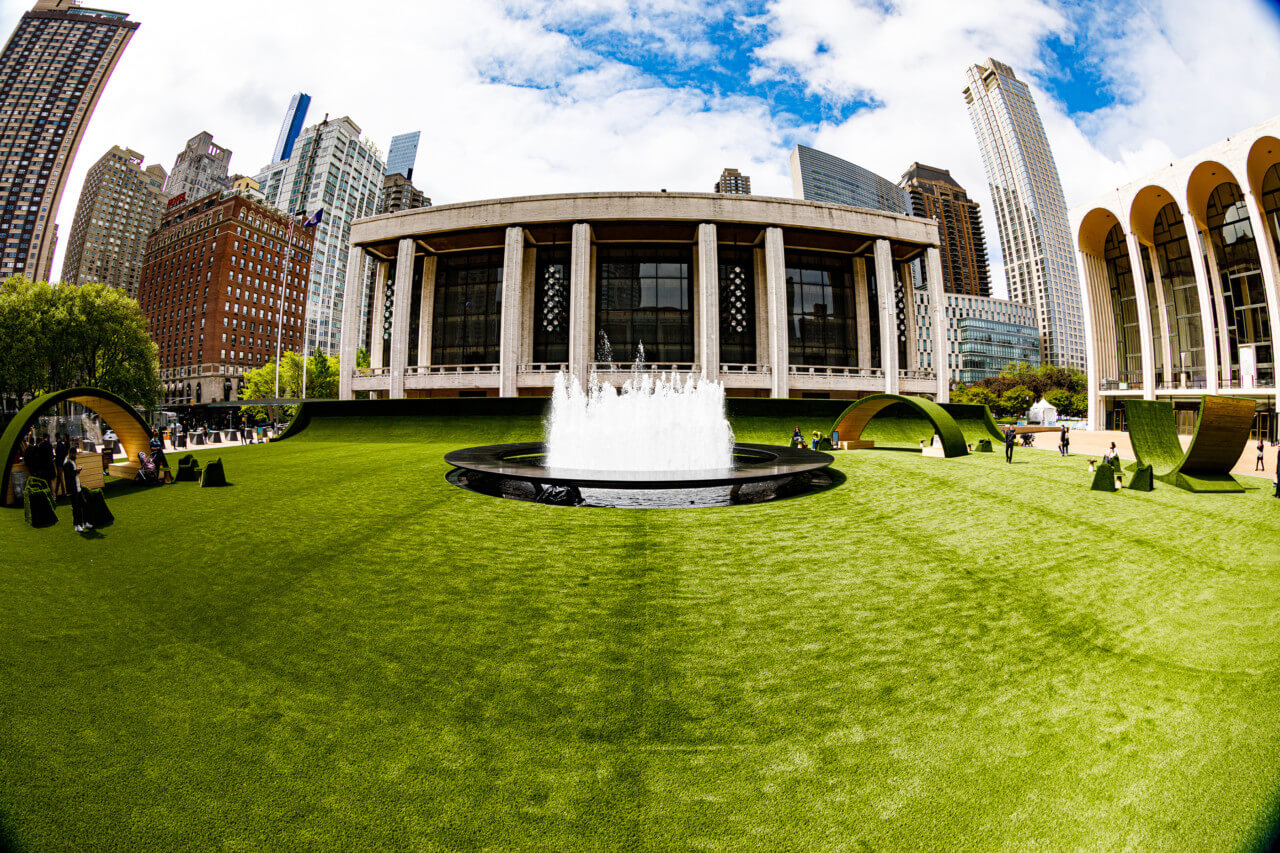a fisheye angle look at lincoln center plaza
