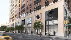 rendering of the google store at the base of its brick office building