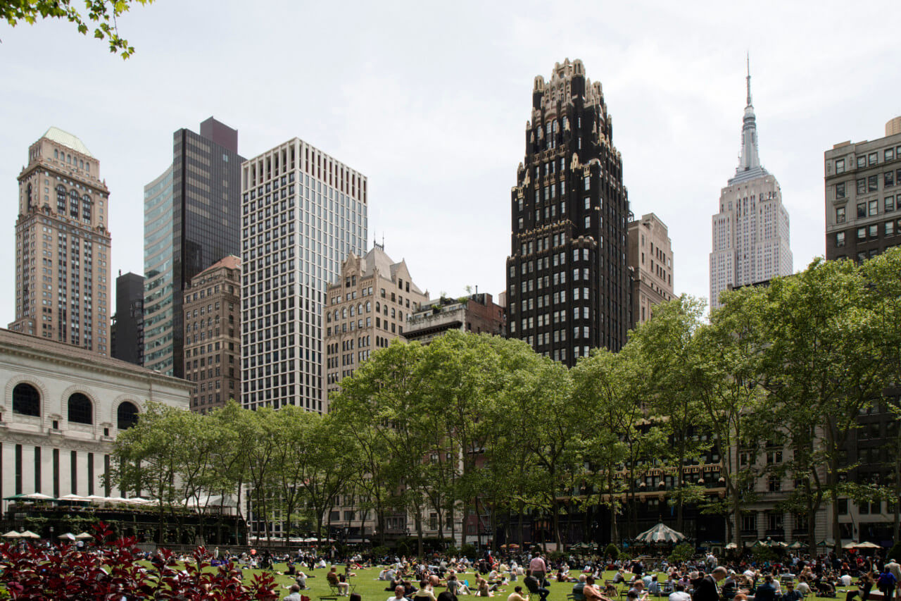 view of the gridded facade of the bryant from bryant park