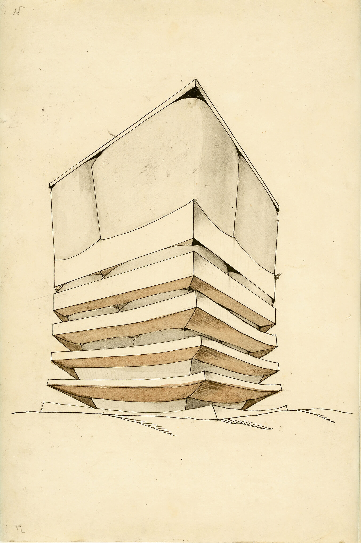 A drawing of a vertical tower with upturned corners