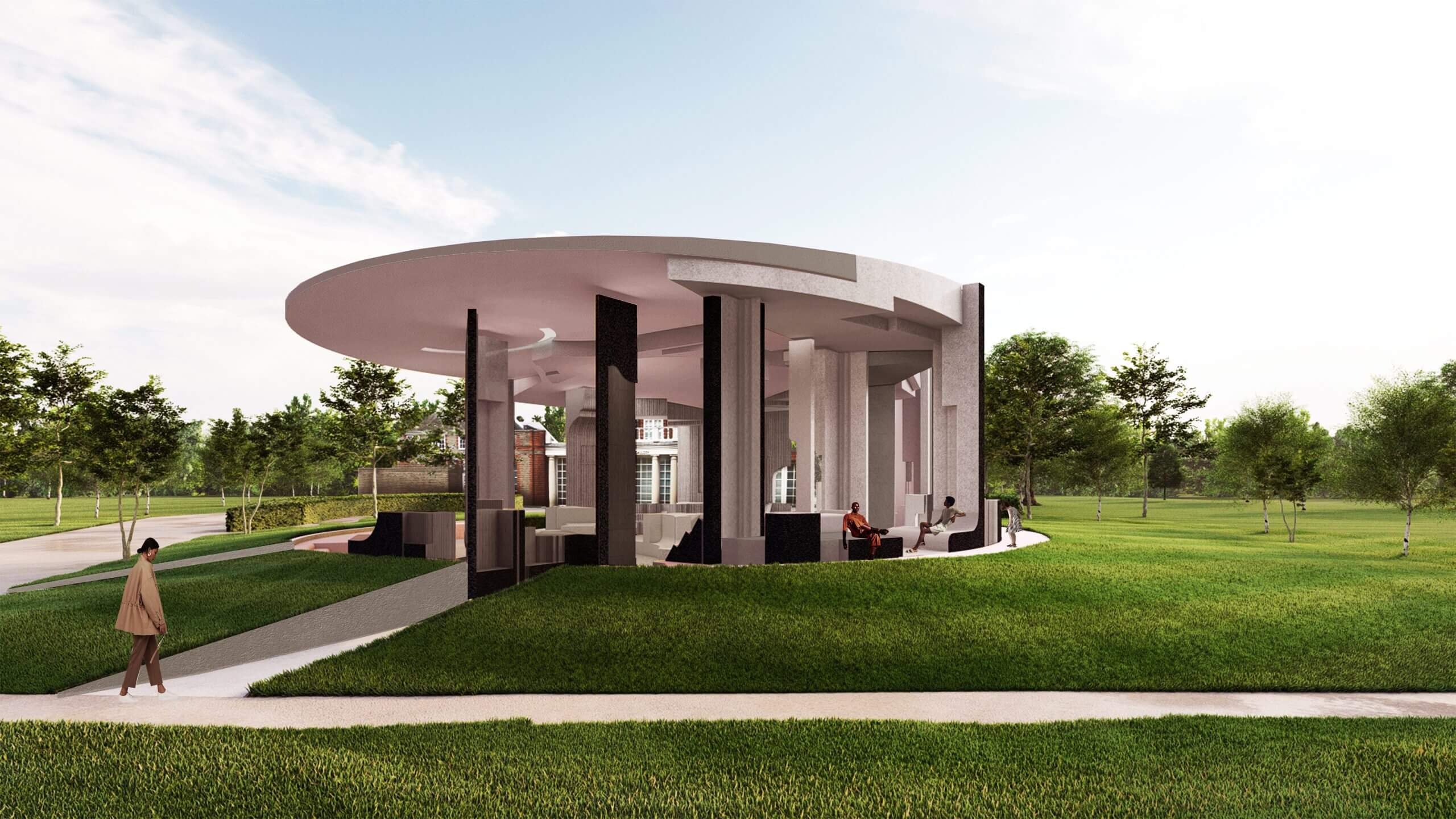 Exterior rendering of a pavilion with flat disc on top