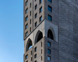 a corner shot showing the two story poured concrete arches at the mechanical, or 