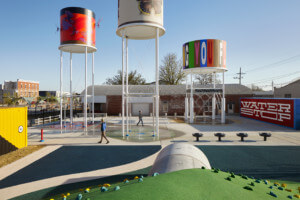 railyard park, a playground with water towers in it
