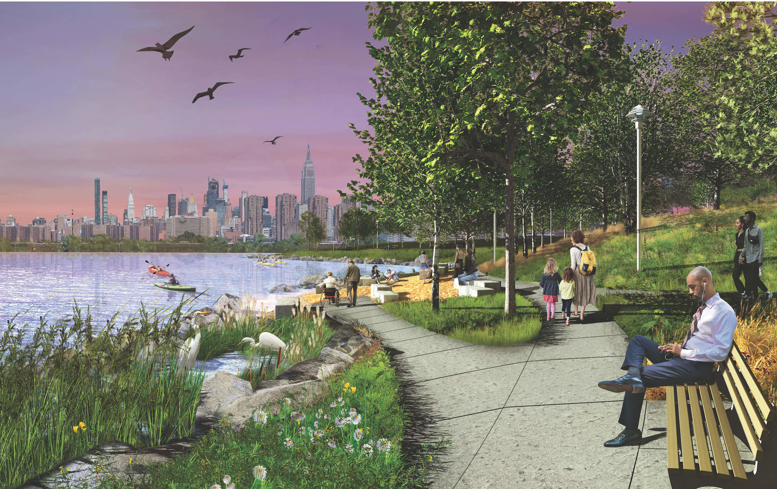 rendering of people relaxing along a waterfront park