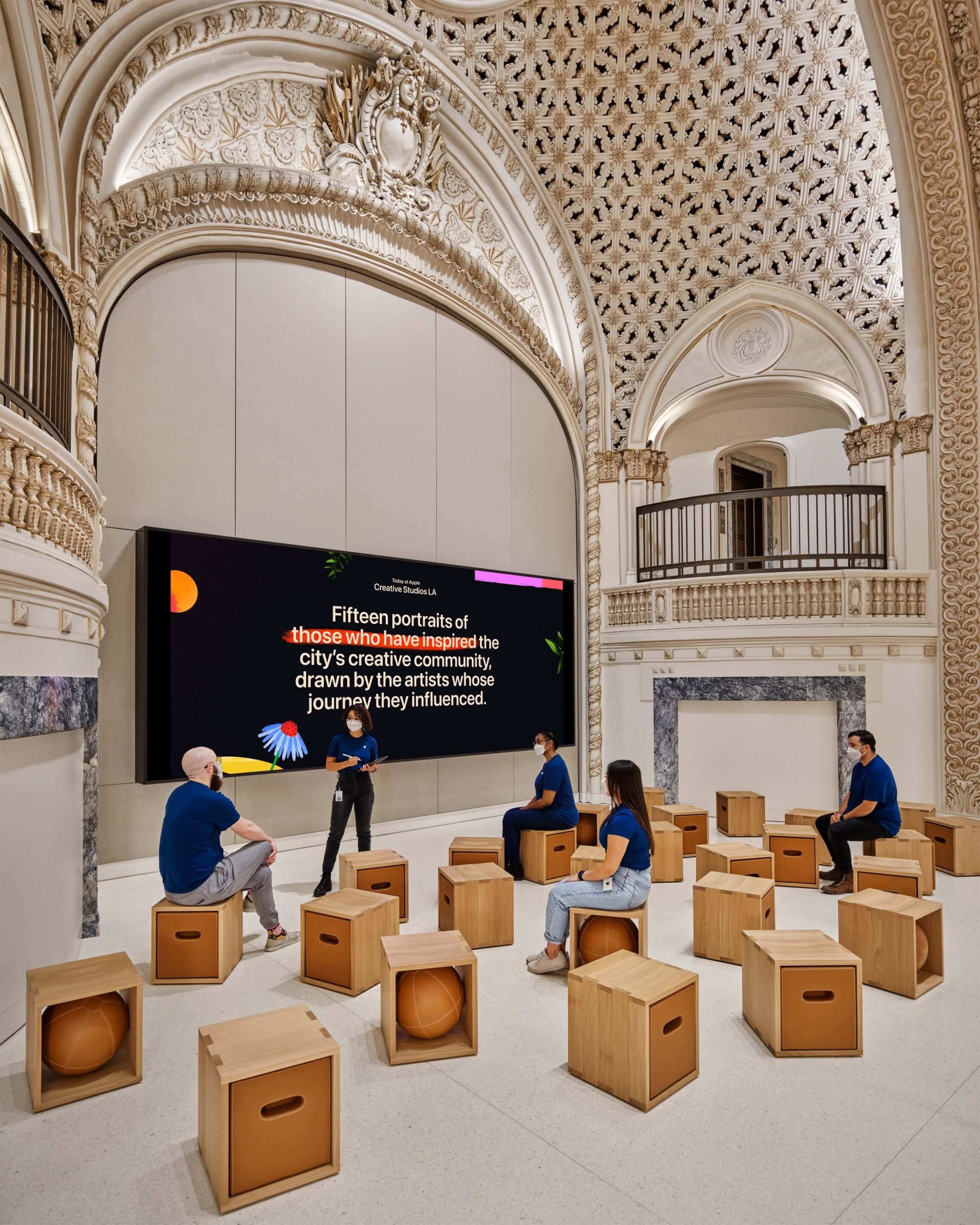 view of a seating/meeting area in an apple store, the Apple Tower Theatre