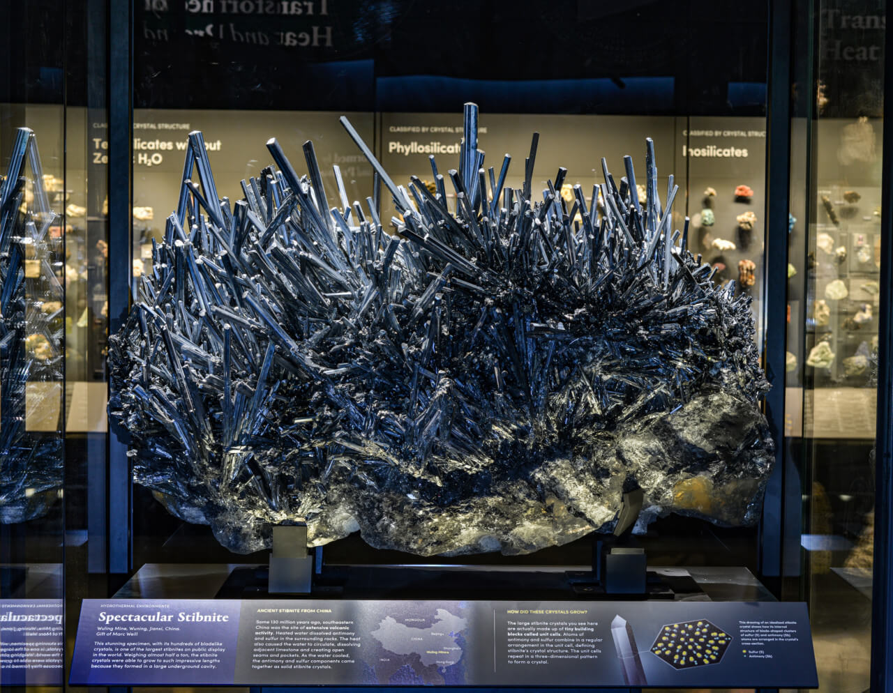 a massive stibnite on display in a museum