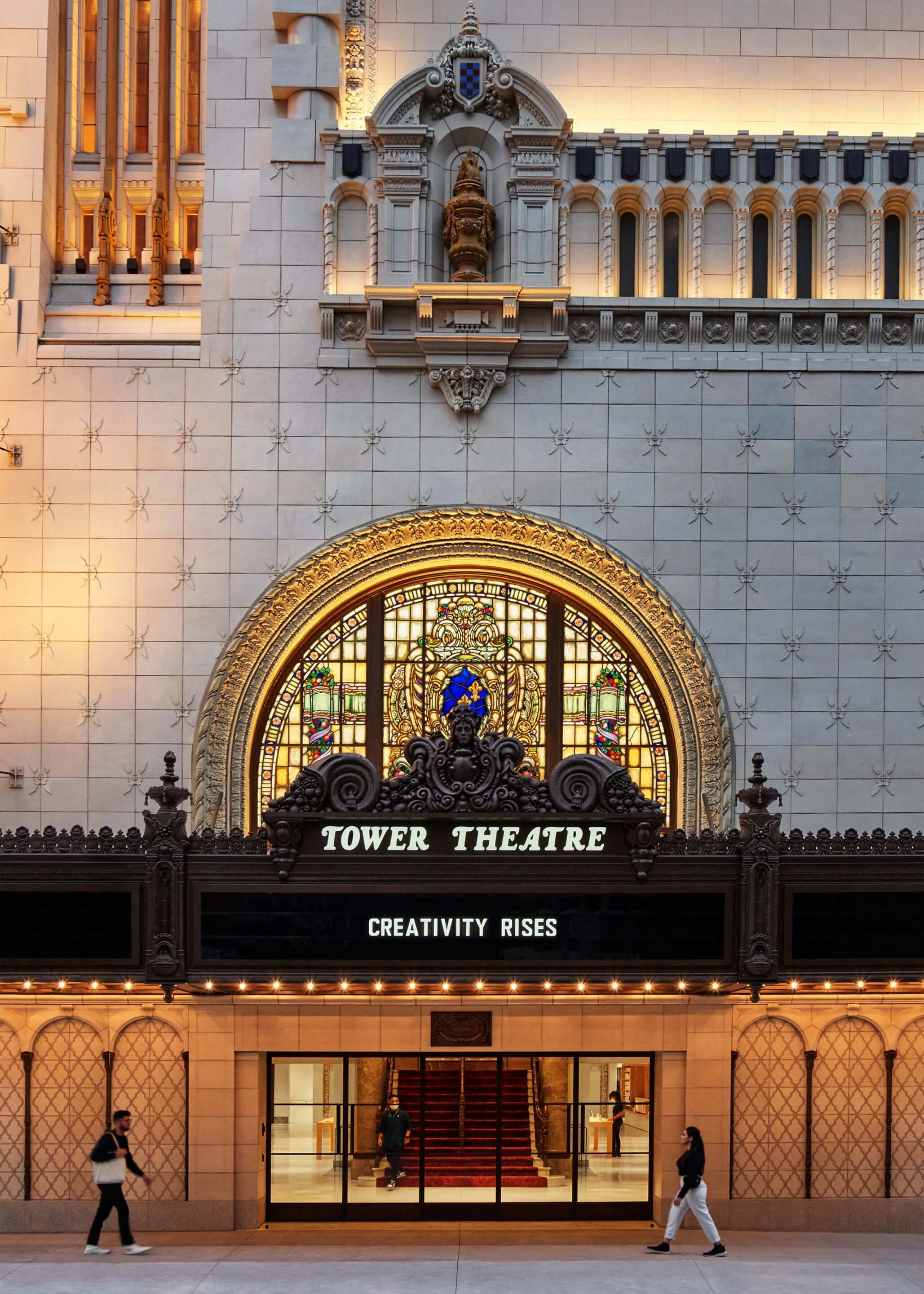 exterior view of a historic theater in downtown la, the Apple Tower Theatre