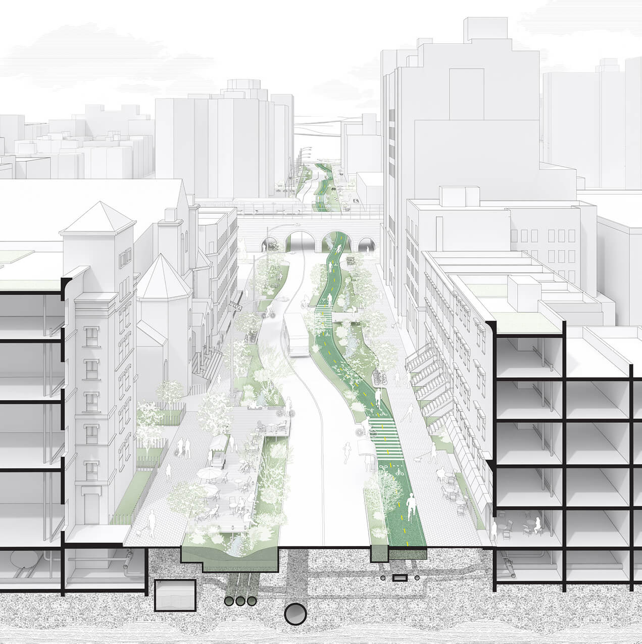 architectural section drawing depicting a city street with a linear greenway down its center