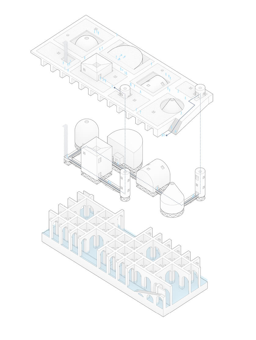 an exploded architectural diagram depicting the rehabilitation of an old harvesting complex