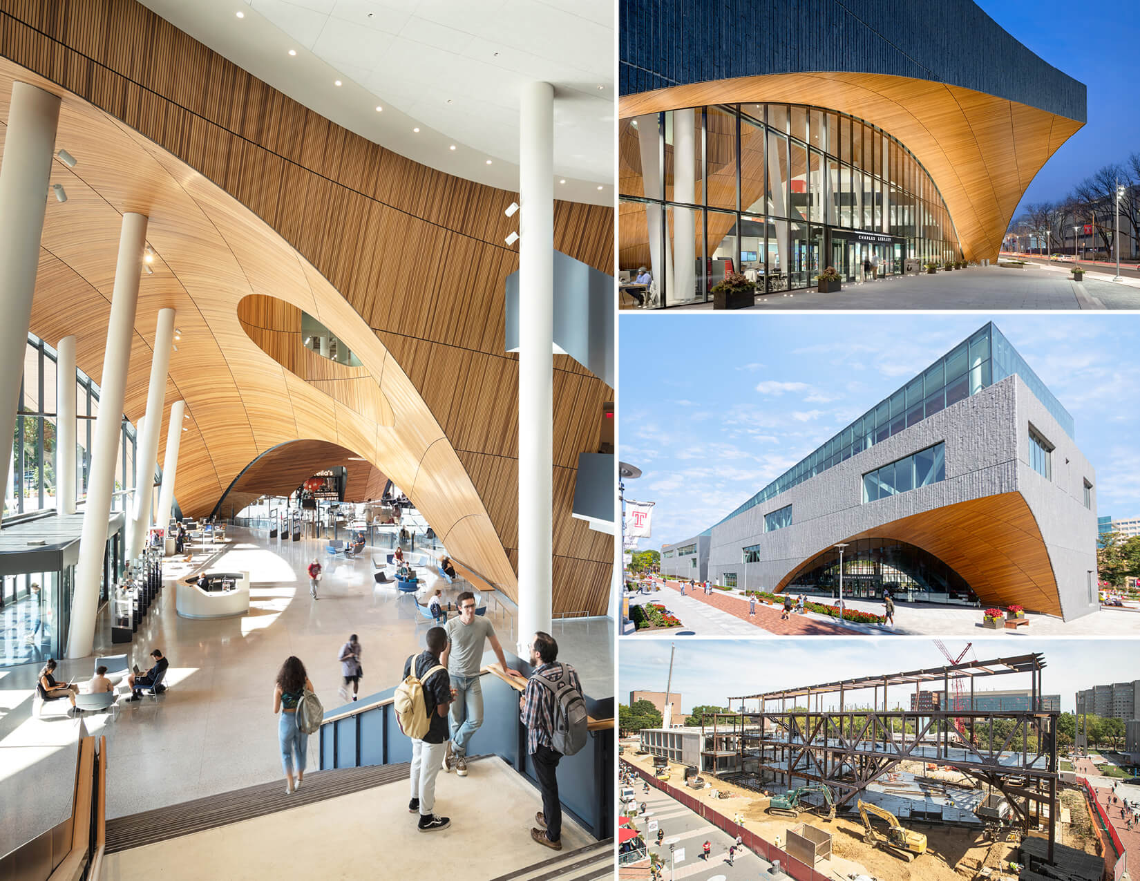 collage of photographs depicting a contemporary library that incorporate extensive wood boarding inside and out