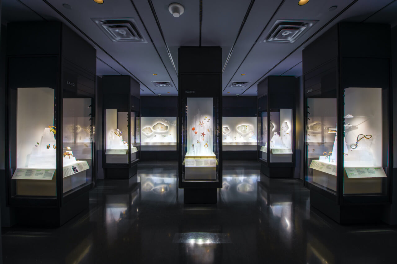 display of fine jewelry displayed in museum cases