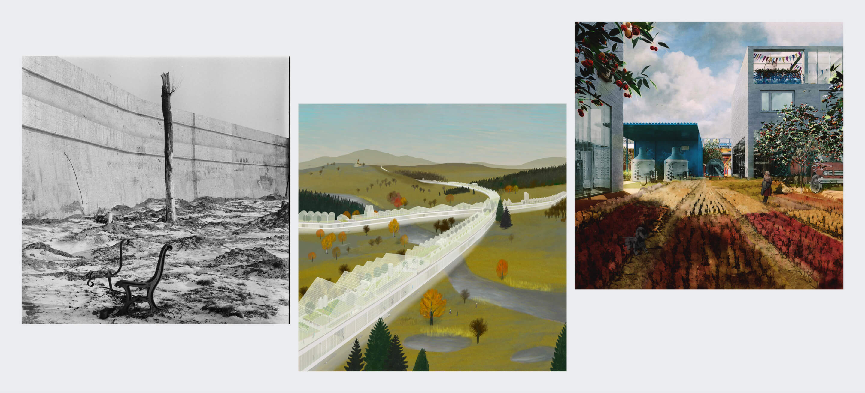 triptych of three speculative architectural proposals for a rural context
