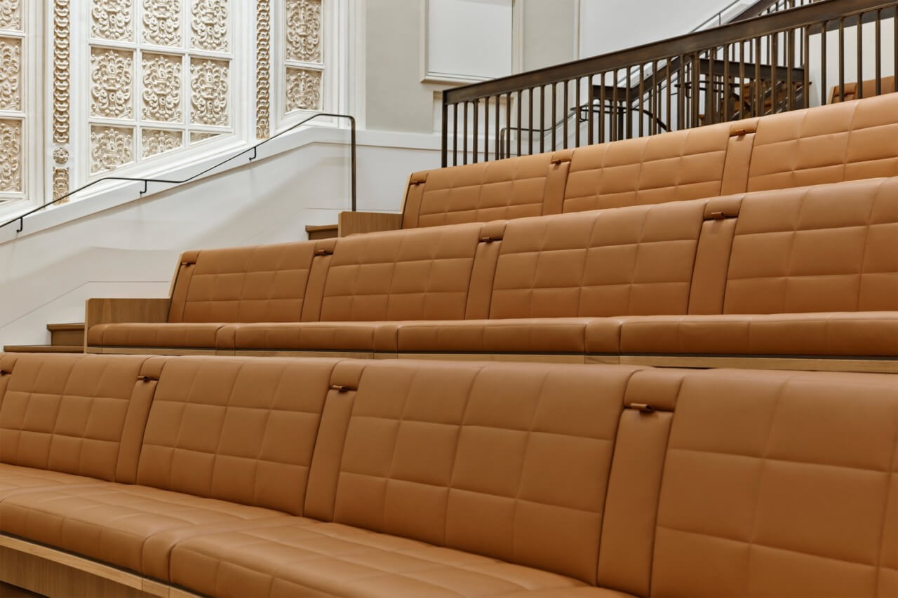 detail of restored seating in a historic theater space