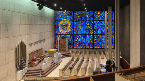 Inside the Chicago Loop Synagogue looking at a big window