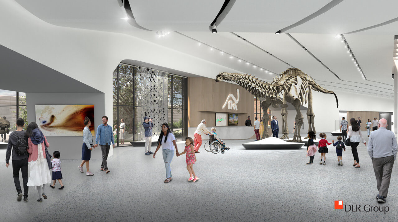 rendering of a towering dinosaur specimen in a musuem