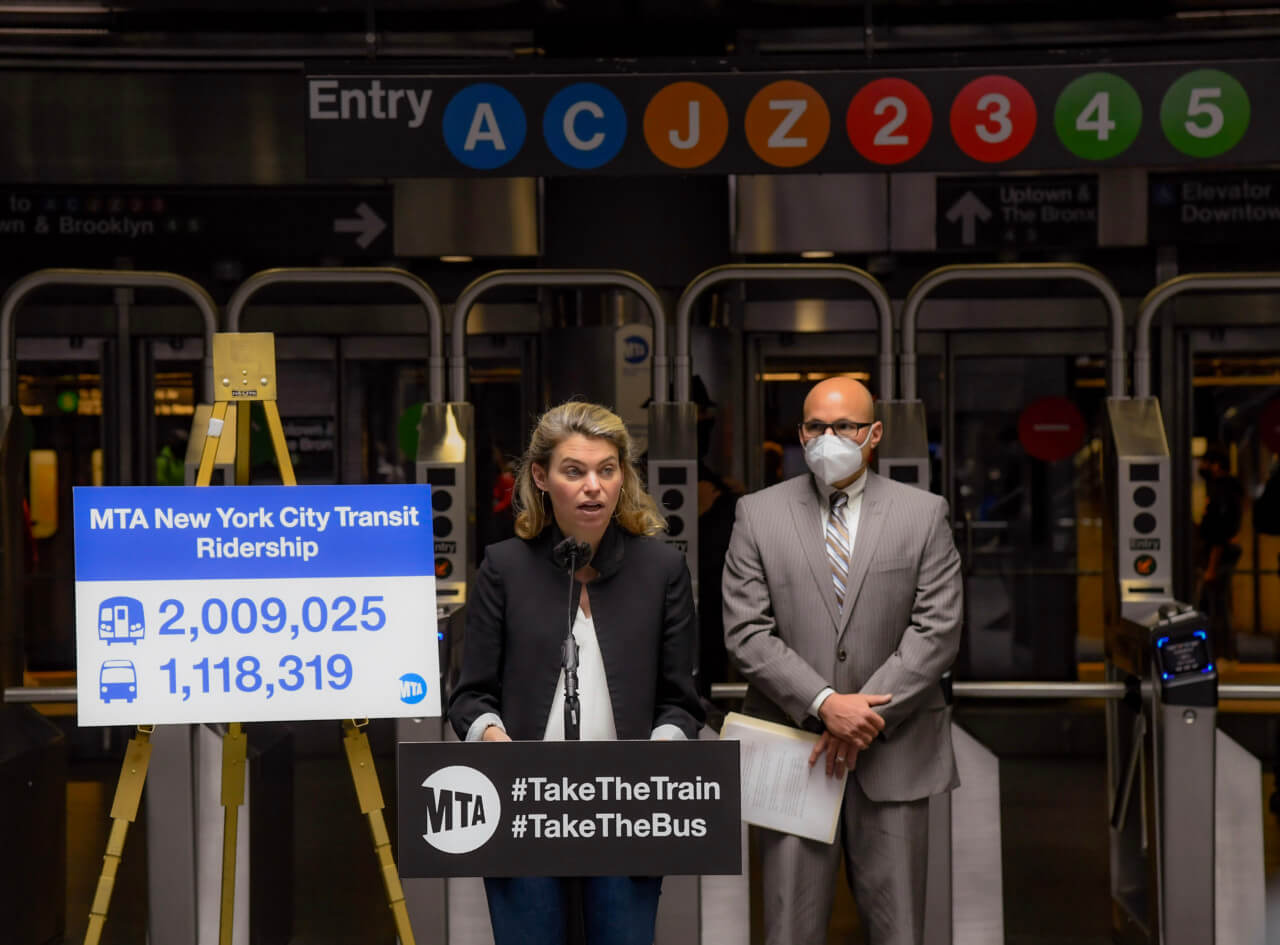An MTA press conference with newly nominated president Sarah Feinberg