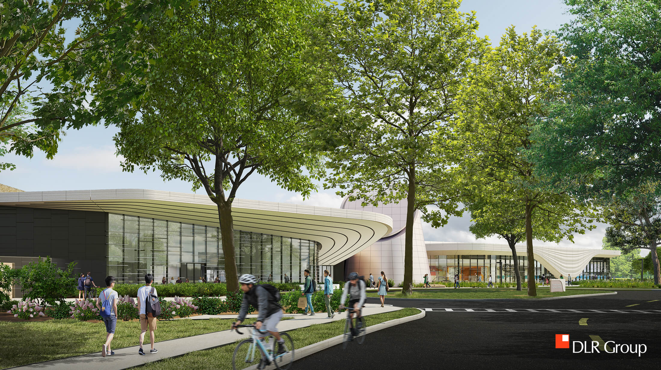 exterior rendering of a museum building with curving concrete forms on the roofline