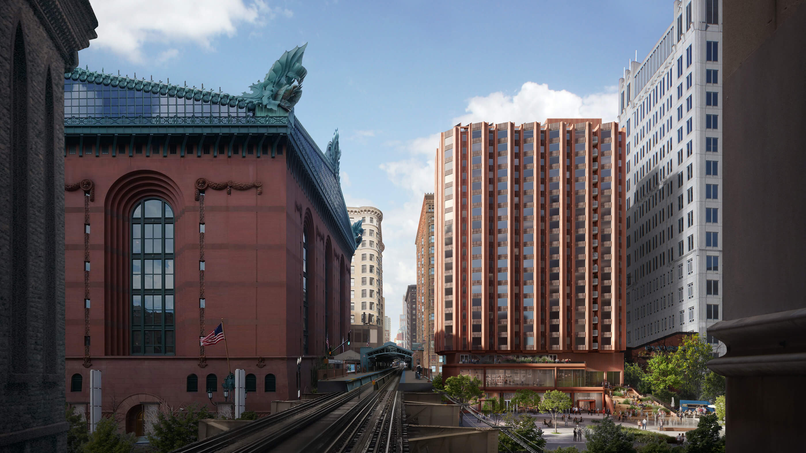 rendering of a residential tower surrounded by elevated train tracks and historic buildings