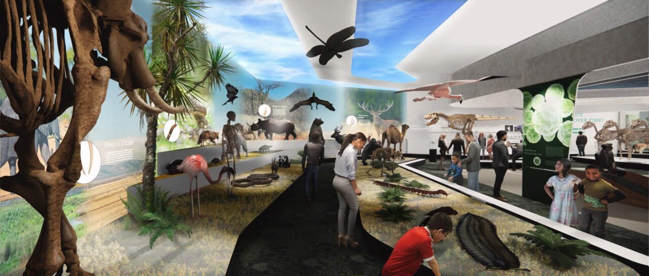 rendering of museum visitors viewing exhibits dedicated to biology