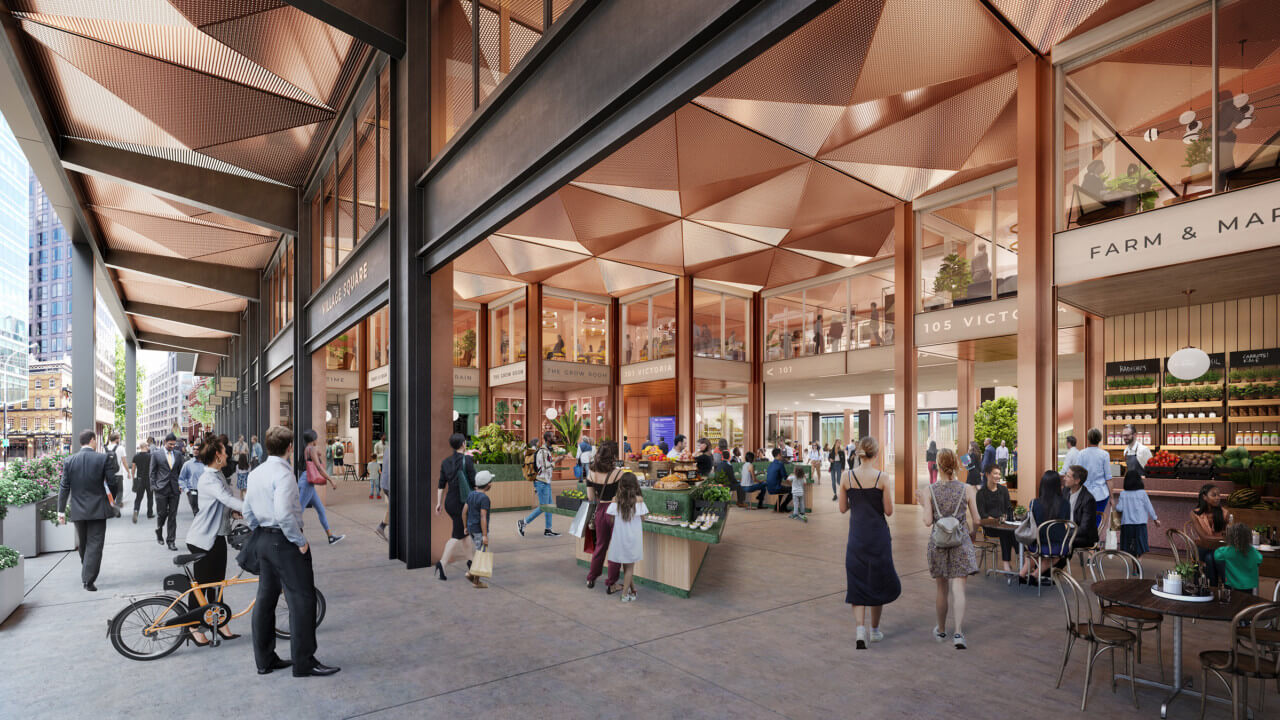 rendering of a busy public space at 105 Victoria, showing copper coffered ceilings