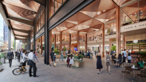 rendering of a busy public space at 105 Victoria, showing copper coffered ceilings