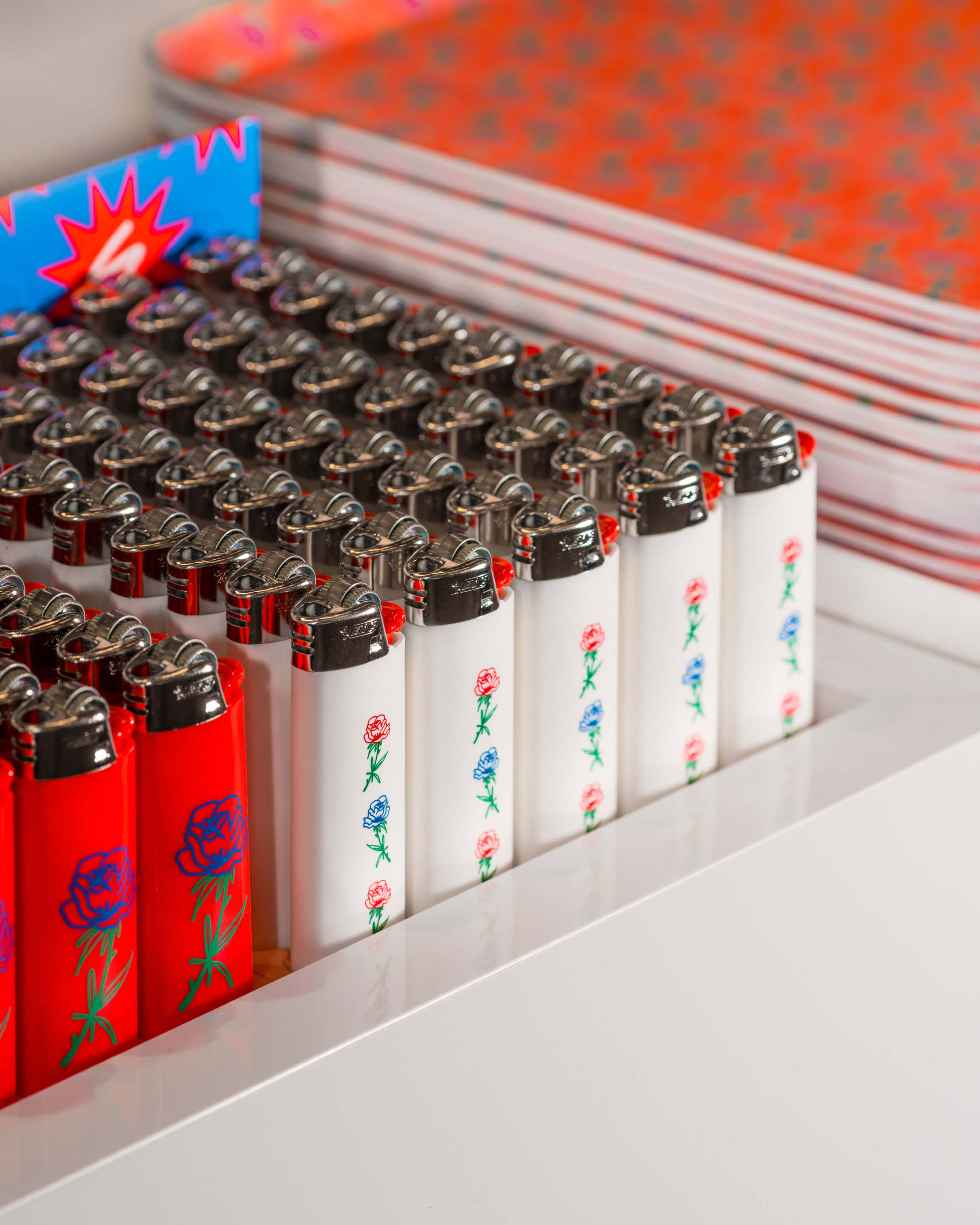 a display of branded lighters inside of a Superette