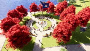 Aerial rendering of the Essential Workers Park on the Hudson River, with the circle of heroes monument at its core