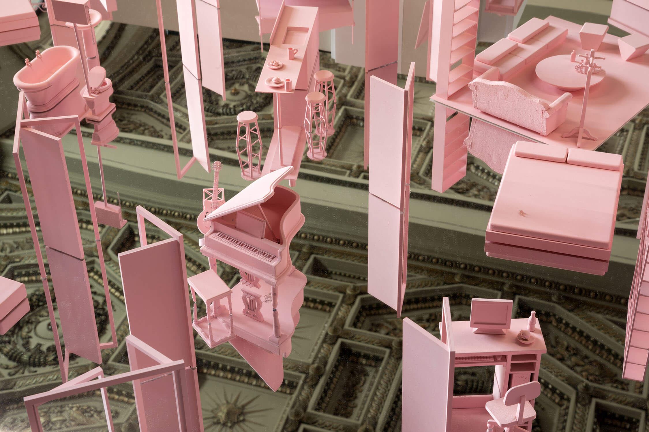 suspended models of pink-pained home furnishings