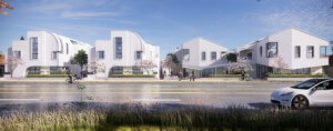 Rendering of four white homes at the Housing in LA Today exhibiton