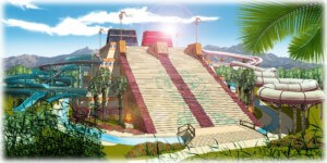 Rendering of a giant pyramid covered in waterslides that resembles the templo mayor