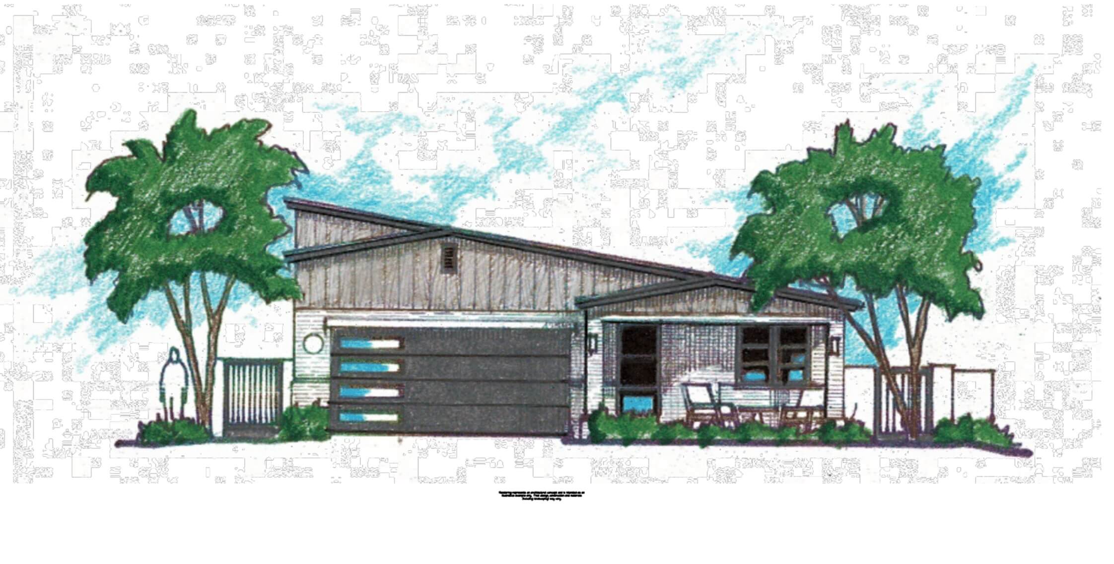 rendering of a single-story 3d-printed home with habitat for humanity branding