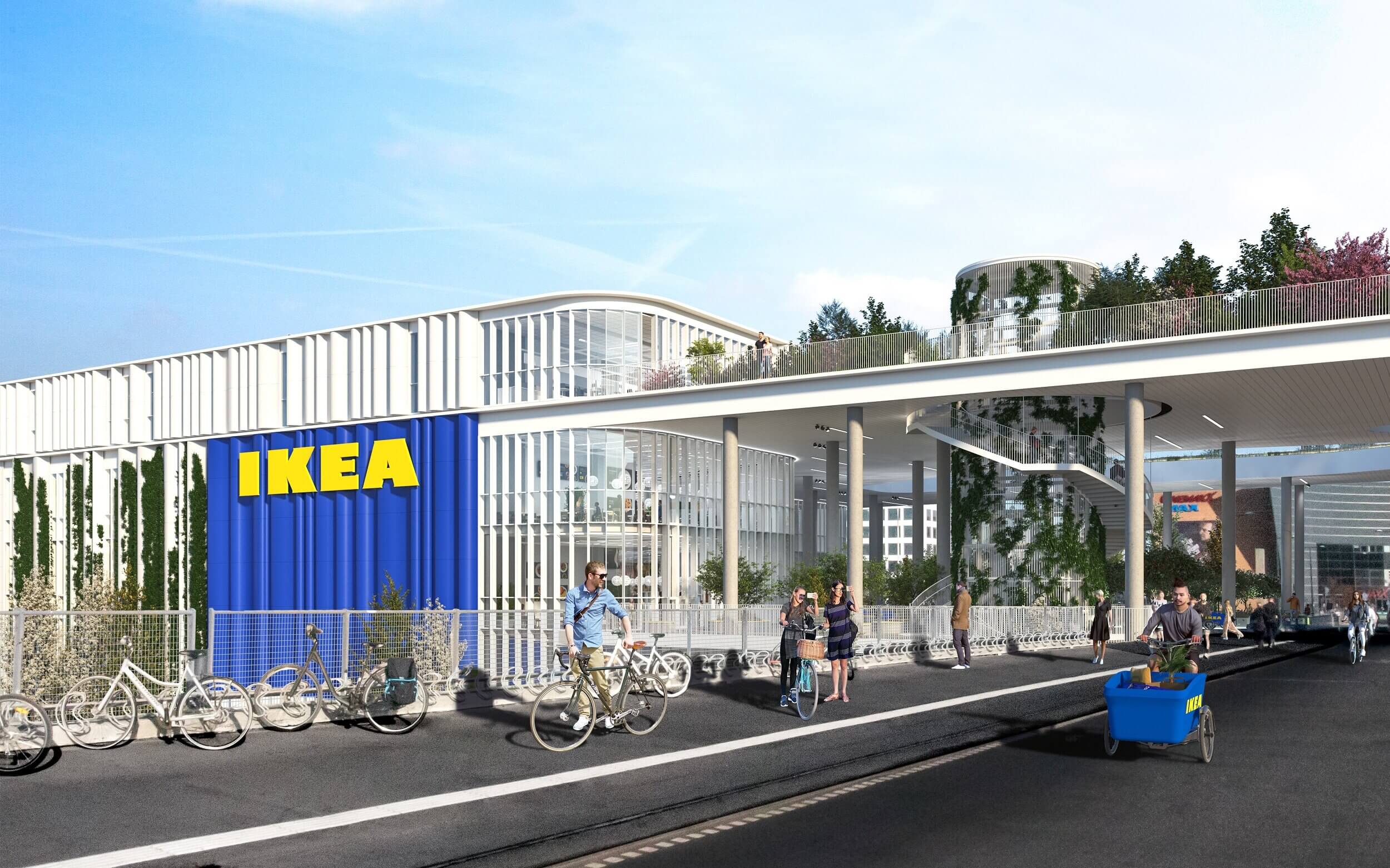rendering of pedestrians and cyclists arriving at an ikea store