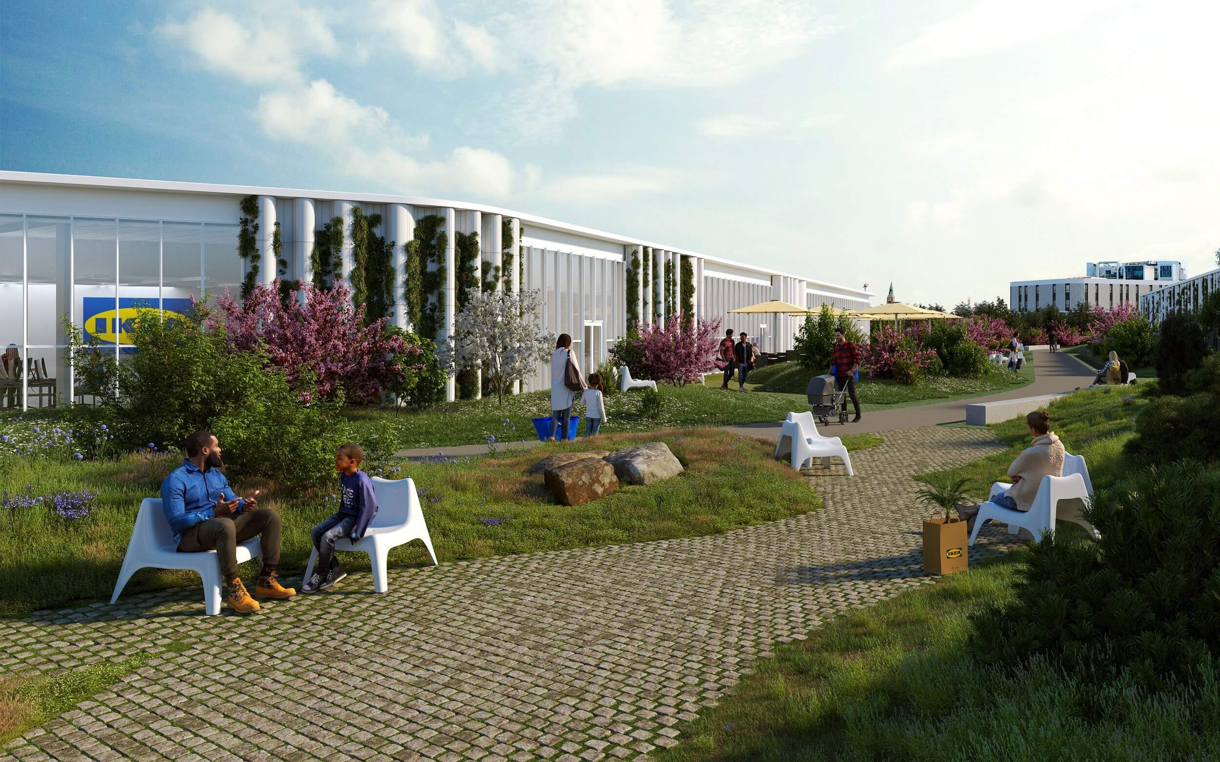rendering of people relaxing in an elevated park at an ikea store