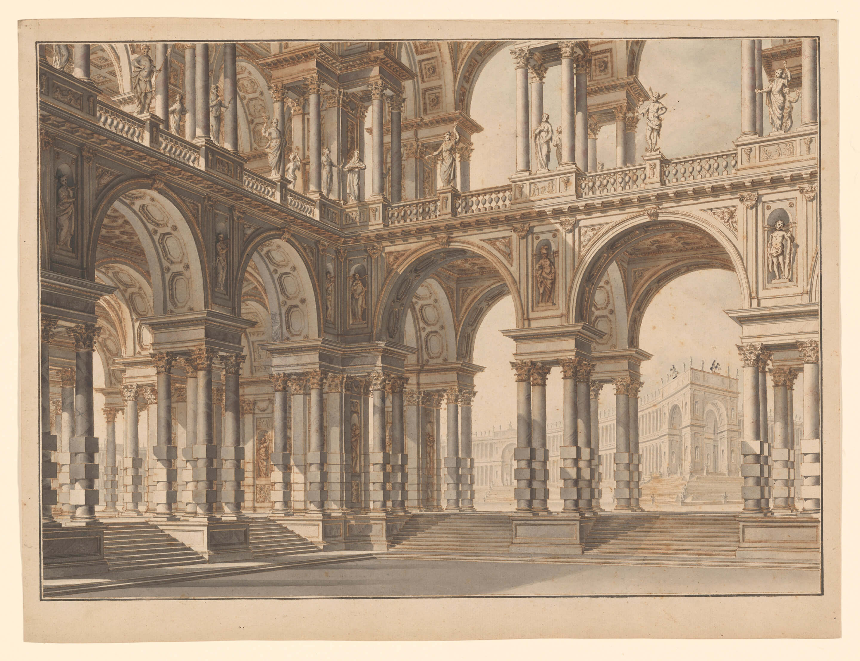 Set drawing by Giuseppe Galli Bibiena with colonnades and arcades. 