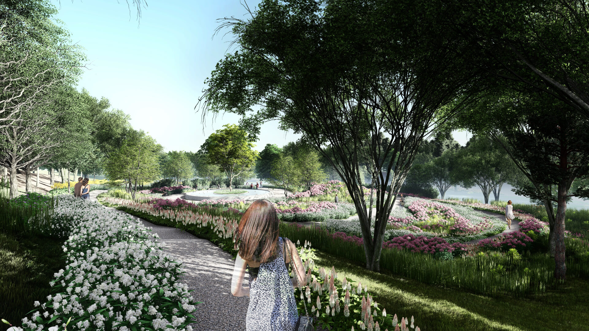 rendering of a woman walking along a flower-lined pathway beneath trees