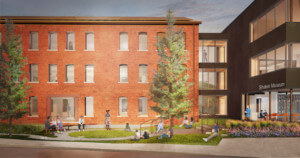 renderings of a historic brick building with a modern addition