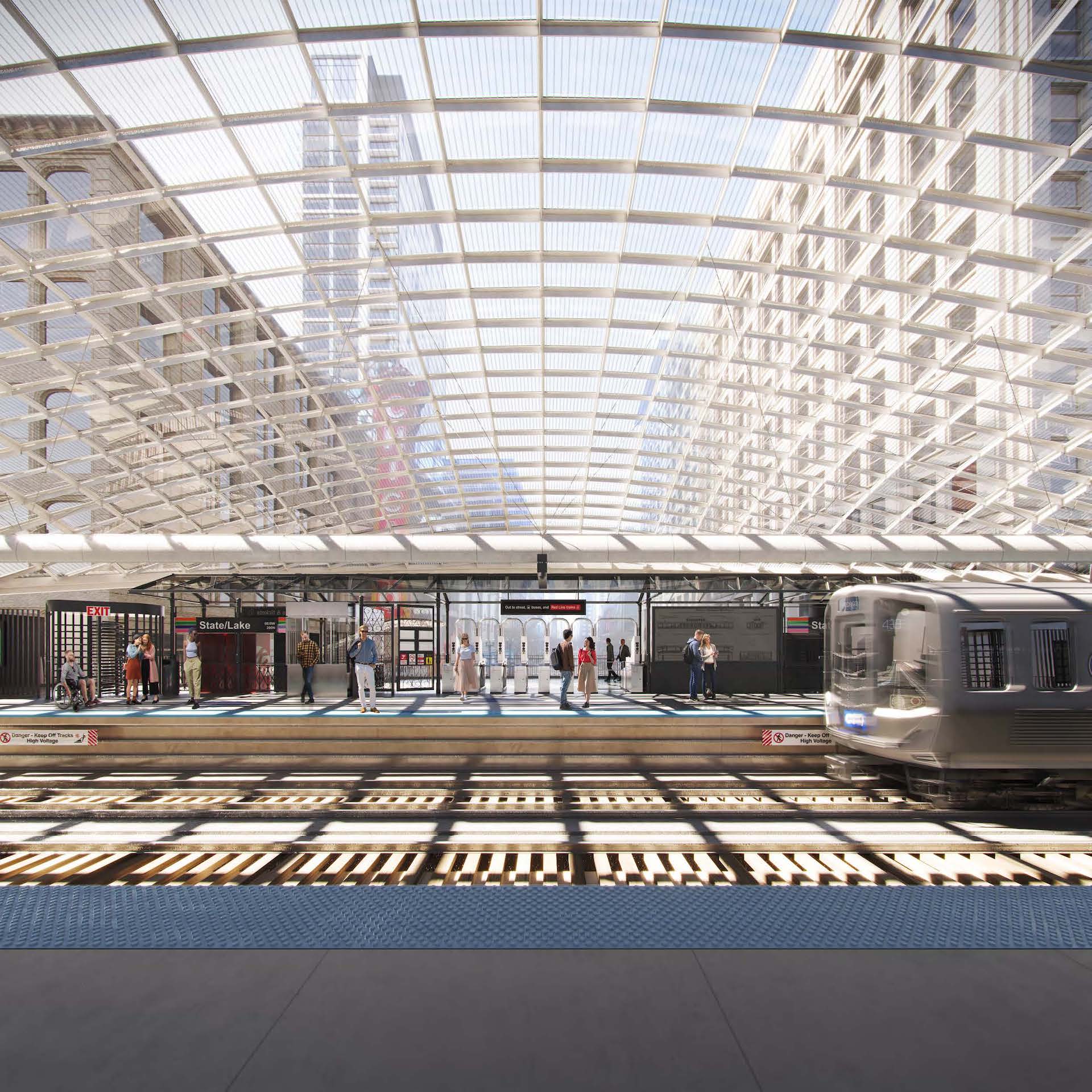 illustrated view of an elevated subway station and glass canopy from the platform level