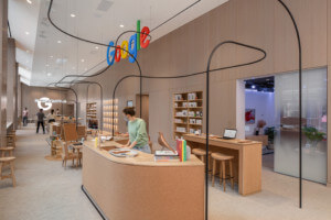 Inside of a google store made from wood and cork