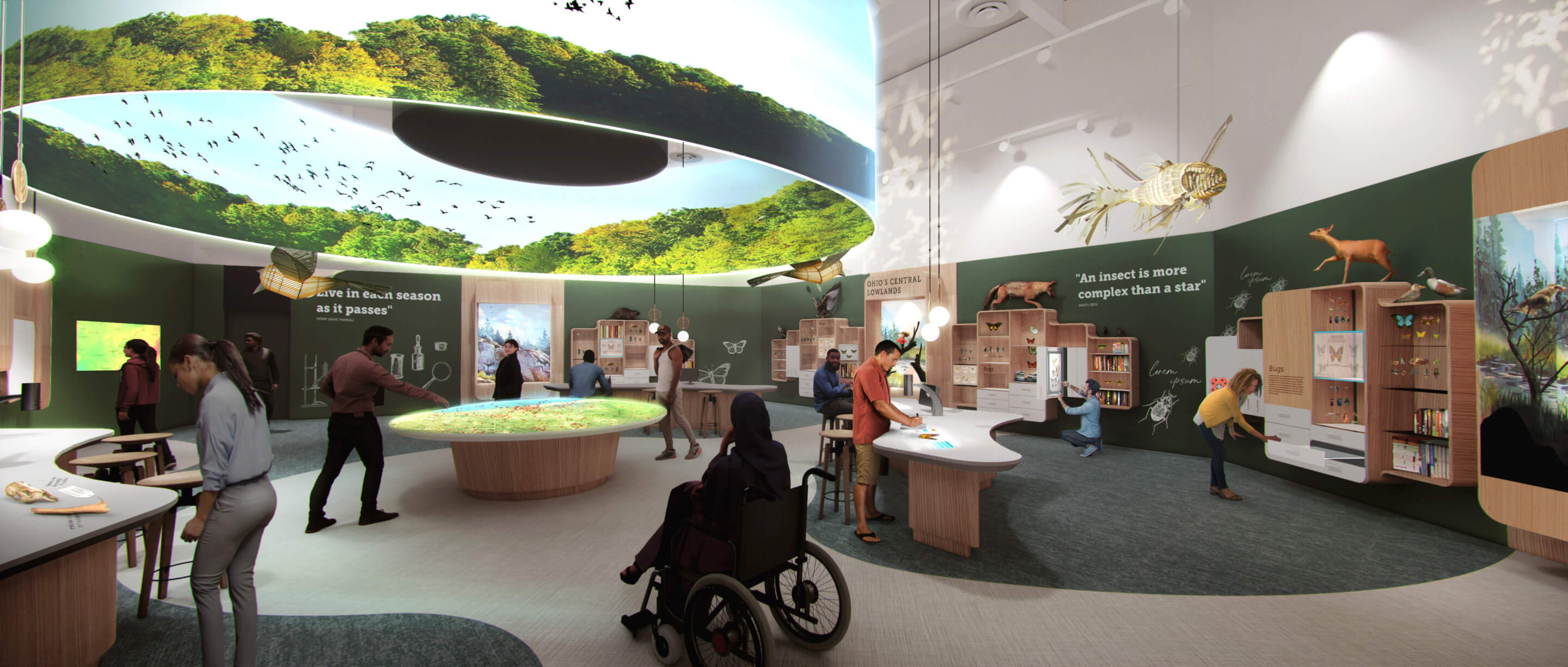 rendering of visitors exploring an interactive space at a natural history museum
