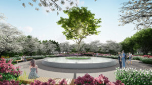 rendering of a sandy hook memorial site with a circular water feature and tree