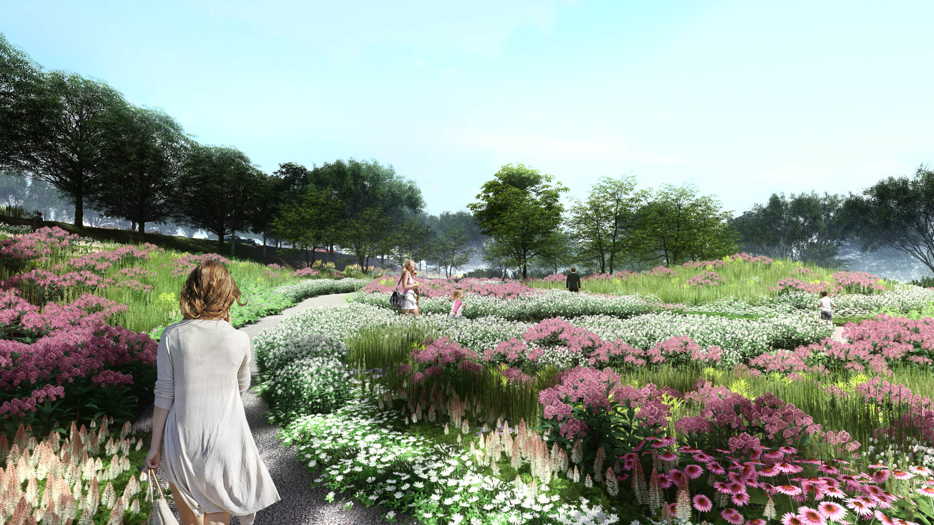 rendering of people walking through a lush meadow of flowers