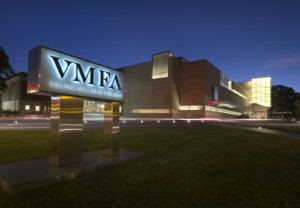 exterior view of a modern museum wing with a sign reading Virginia Museum of Fine Arts