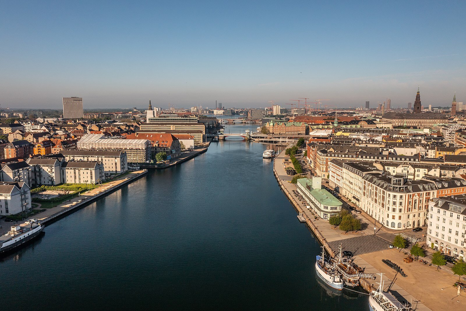 Aerial photo showing homes lining the harbor in Copenhagen