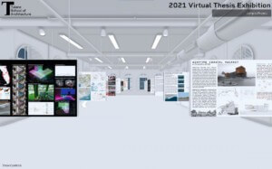 Virtual rendering of a student work hall at tulane with end-of-year exhibitions put up
