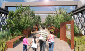 A rendering of a manchester high line park with people walking forward