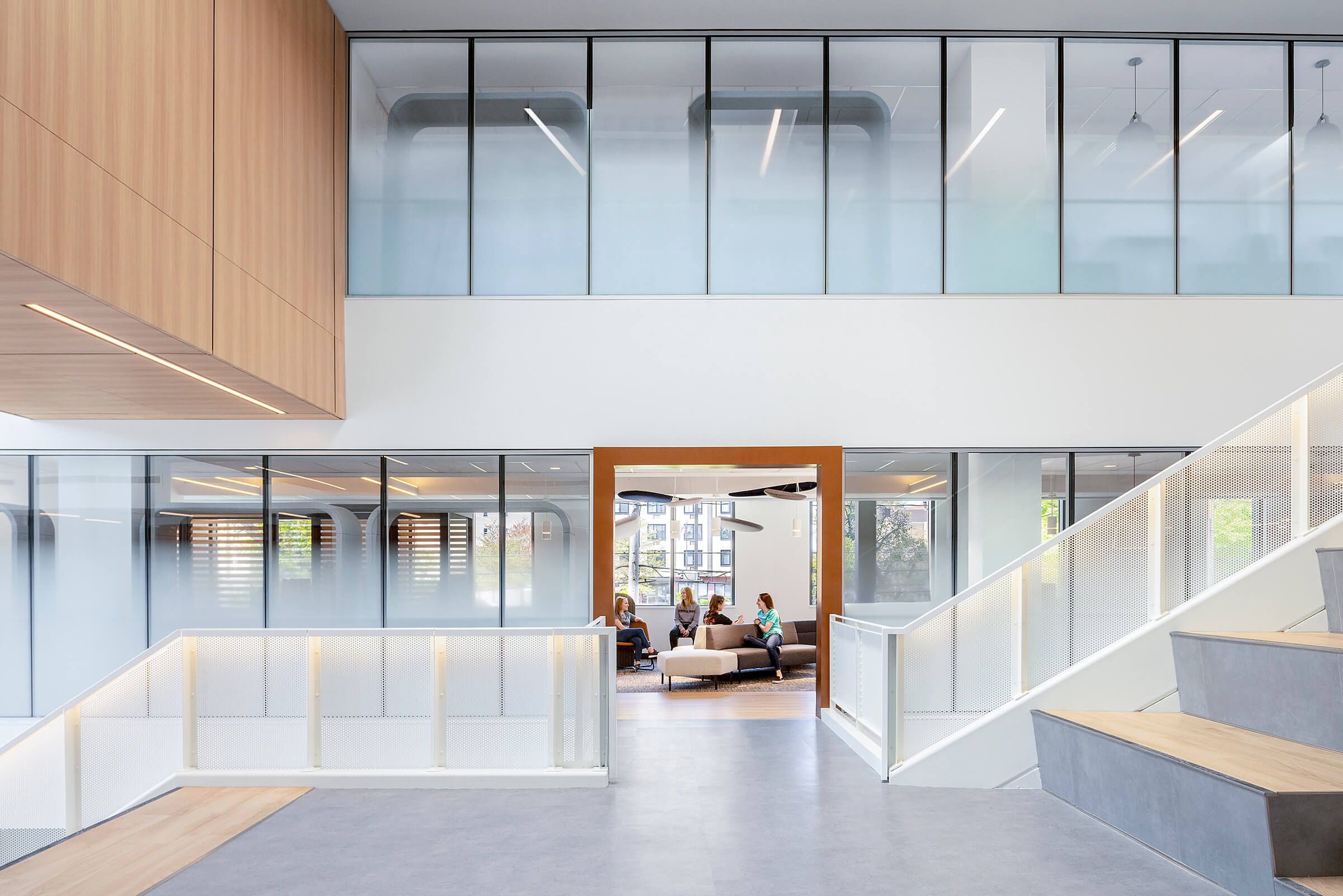 inside the D’Youville Health Professions Hub, a meeting room wedged between two floors