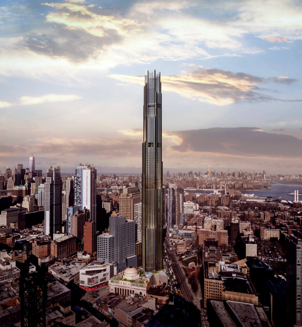 Rendering of 9 dekalb, a bronze spire rising over the brooklyn landscape