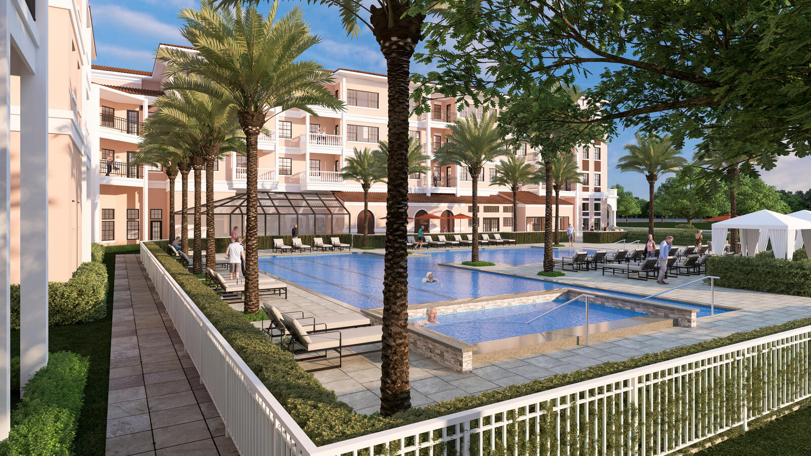Exterior rendering of a pool with people around it