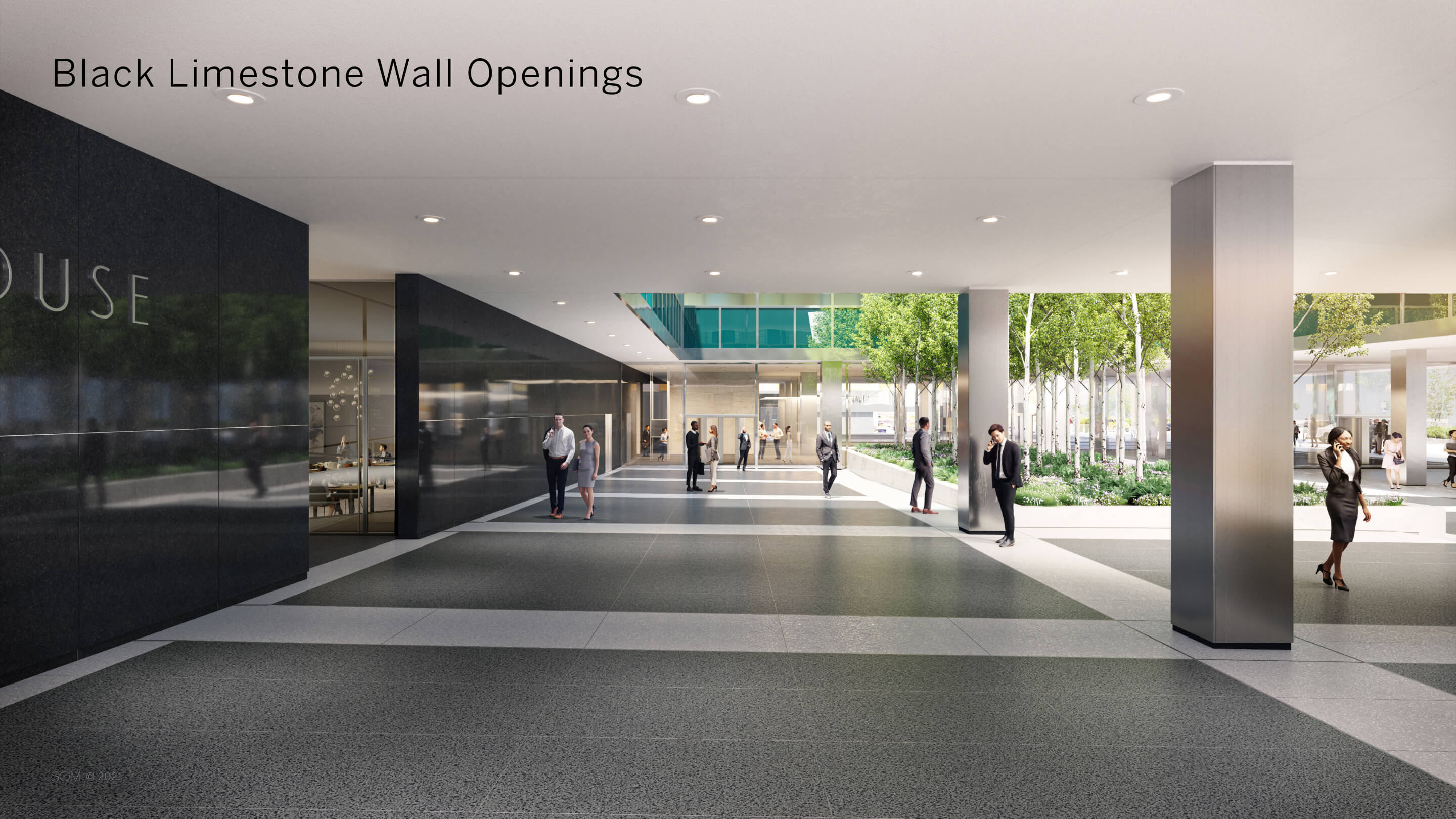 rendering of the lever house plaza with black wall in the background